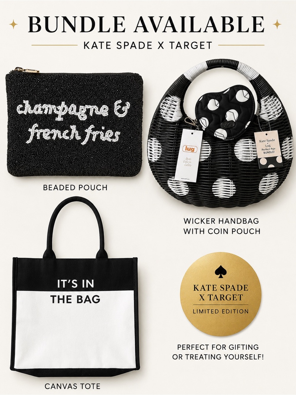 Kate Spade X Target Black & White Beaded Bag - Clutch "Champagne $
& Fries" NWT - Picture 2 of 3